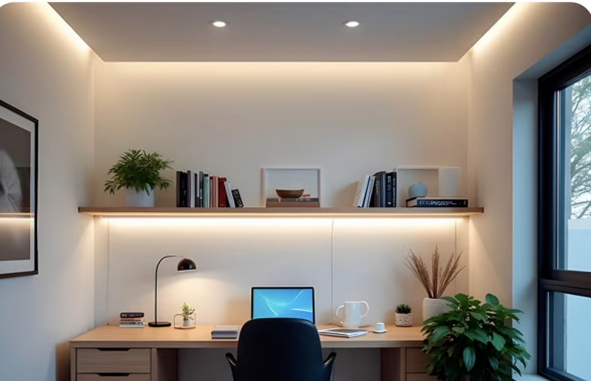 Home office with cove lighting and under-shelf linear LED