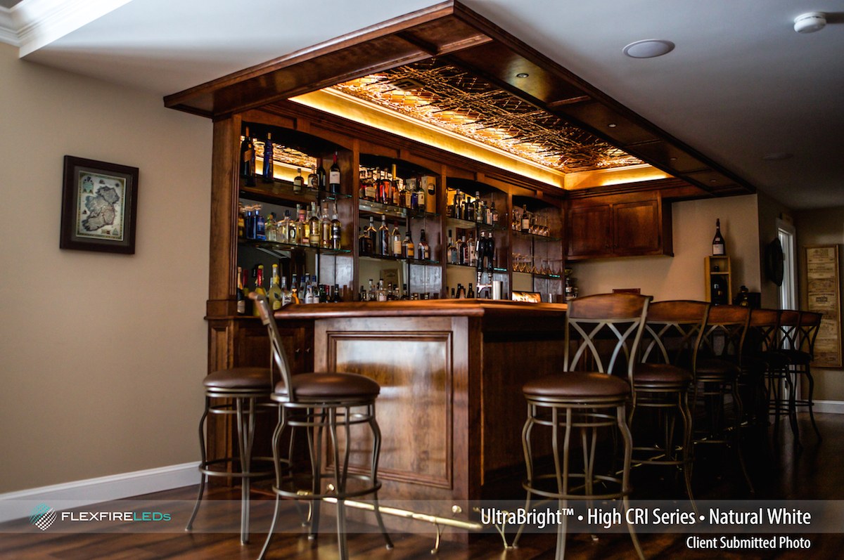 Wood hotel bar with linear LED