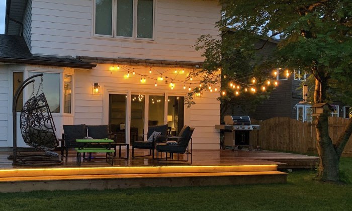 Linear LED strip on a patio deck edge
