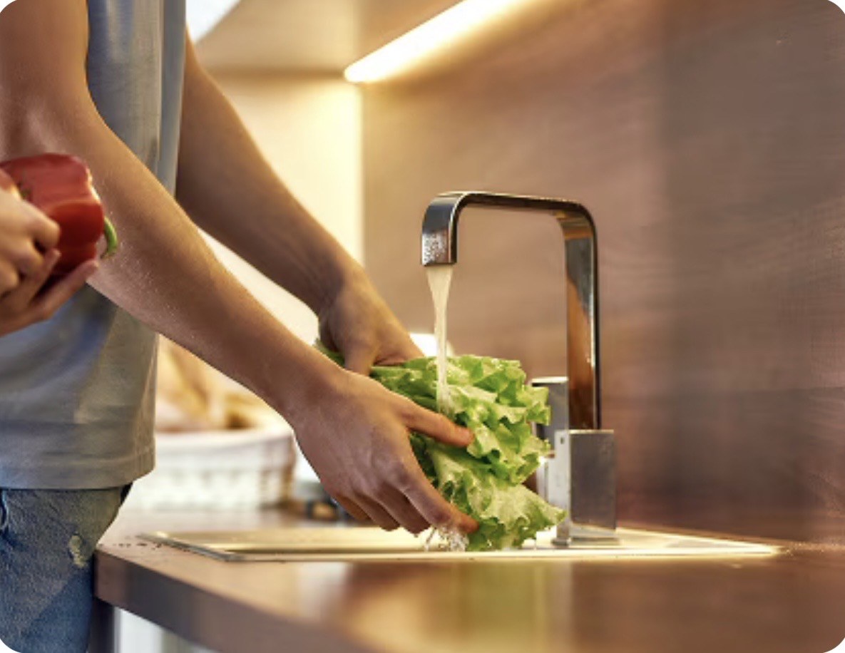 Linear LED over a sink and wood backsplash