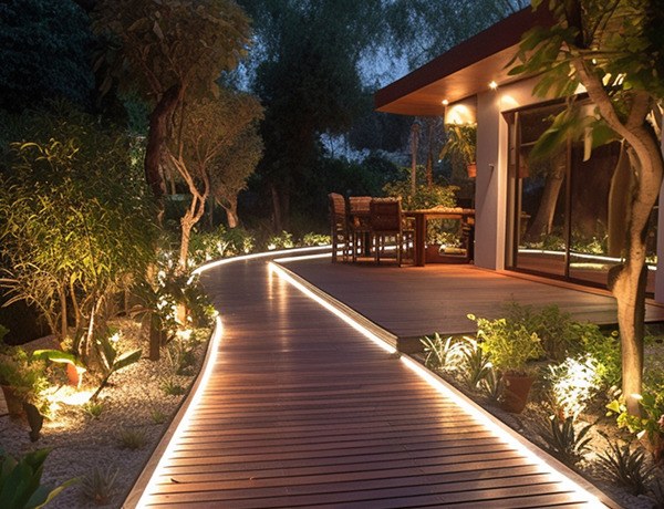 Continuous linear LED along a wooden walkway