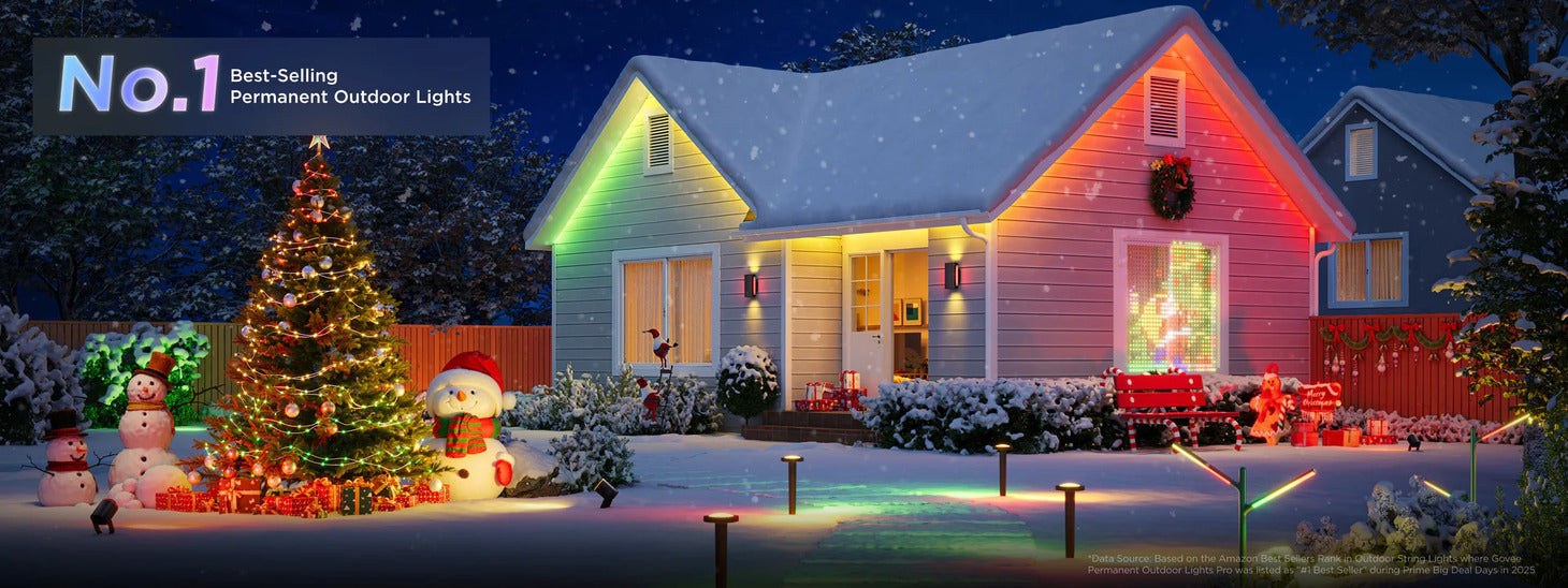Cottage with permanent outdoor holiday lights