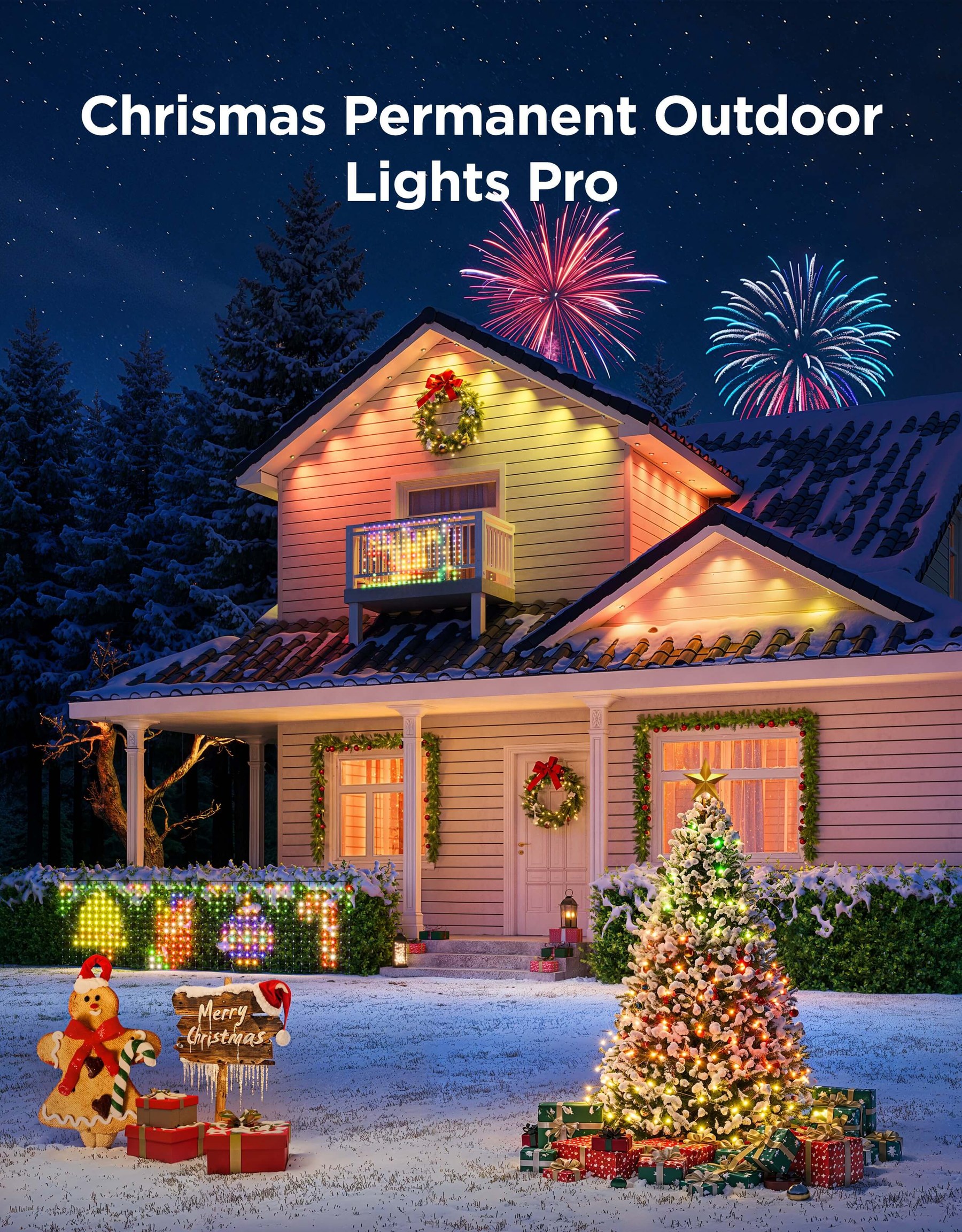 House with permanent outdoor Christmas lights
