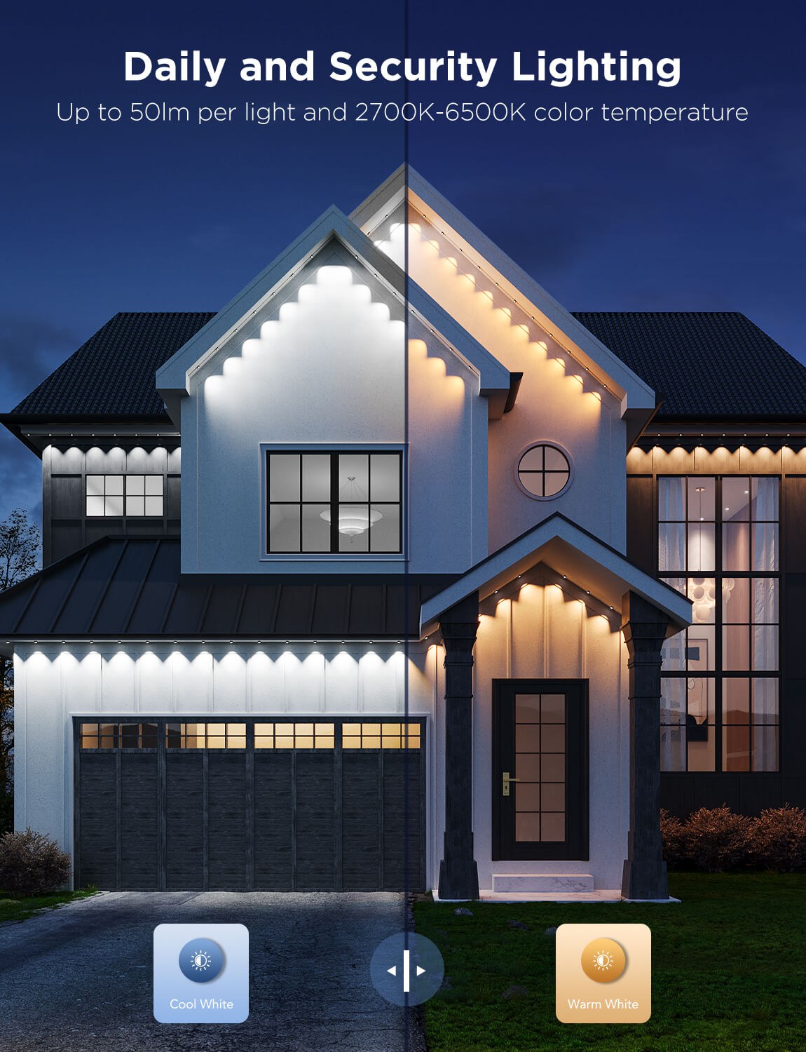 House gables with cool white and warm white permanent lights
