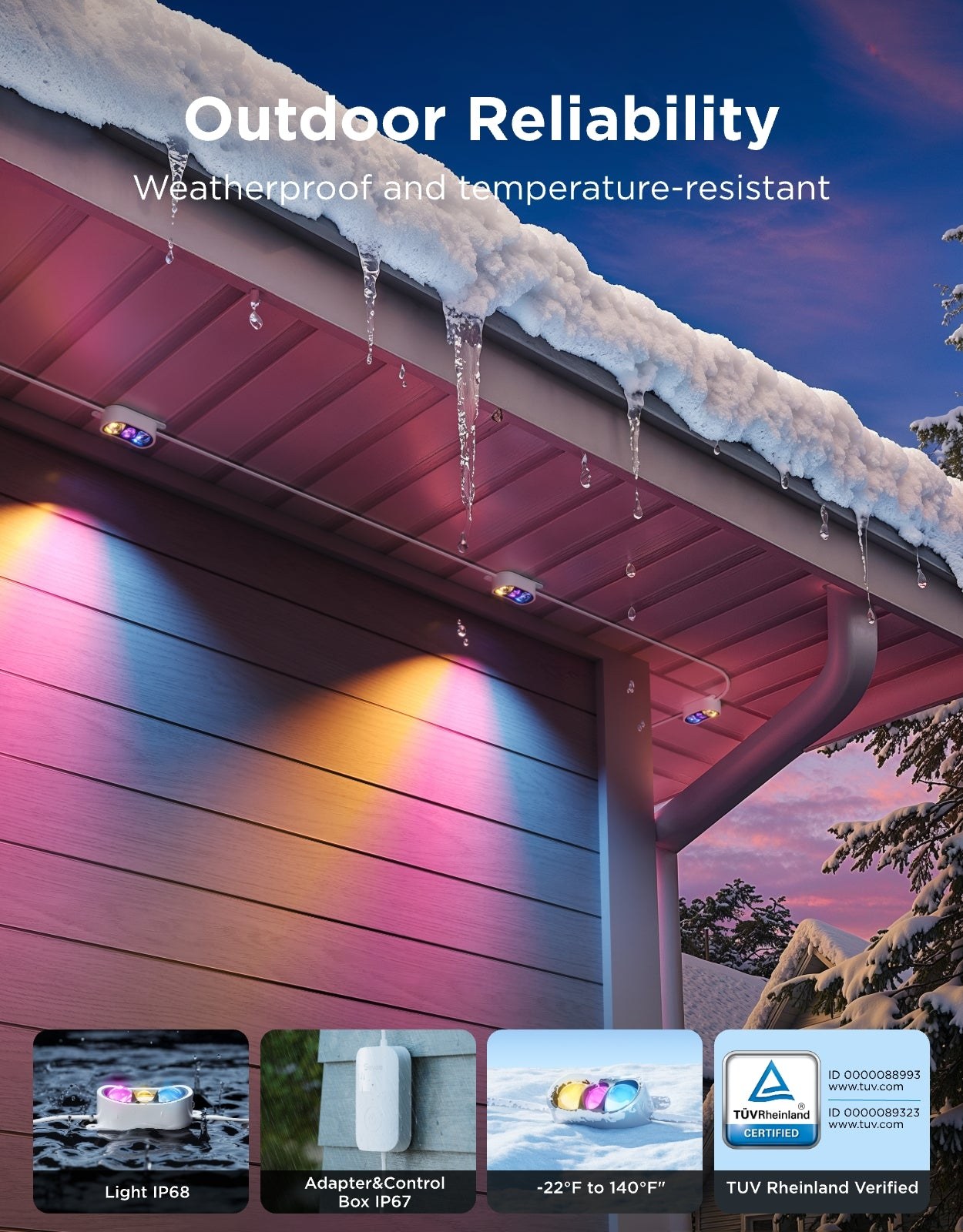 Close-up of color puck lights under a snowy eave